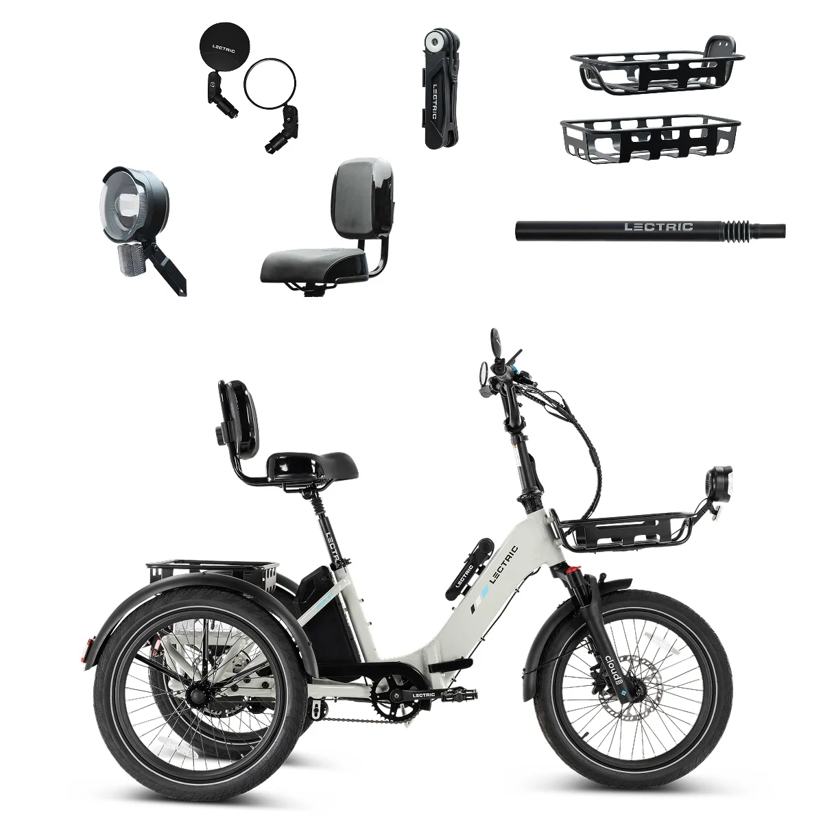 XP Trike2 750 Stratus White + FREE Cargo Package, Support Seat, Elite Headlight, Suspension Seat Post, Bike Lock, Mirrors ($558 Value)